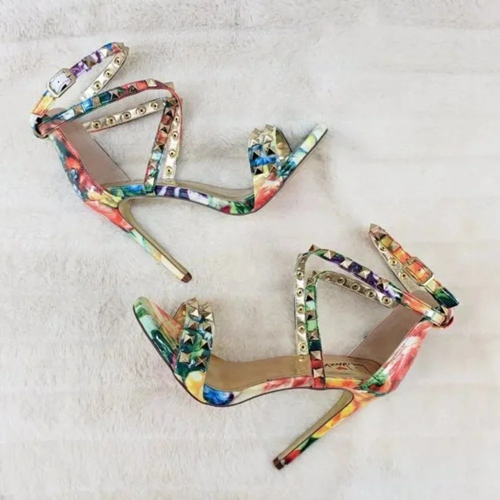 Sexy Riot Colorful Patent Gold Stud Cross Strap Sandal Shoe 4.5